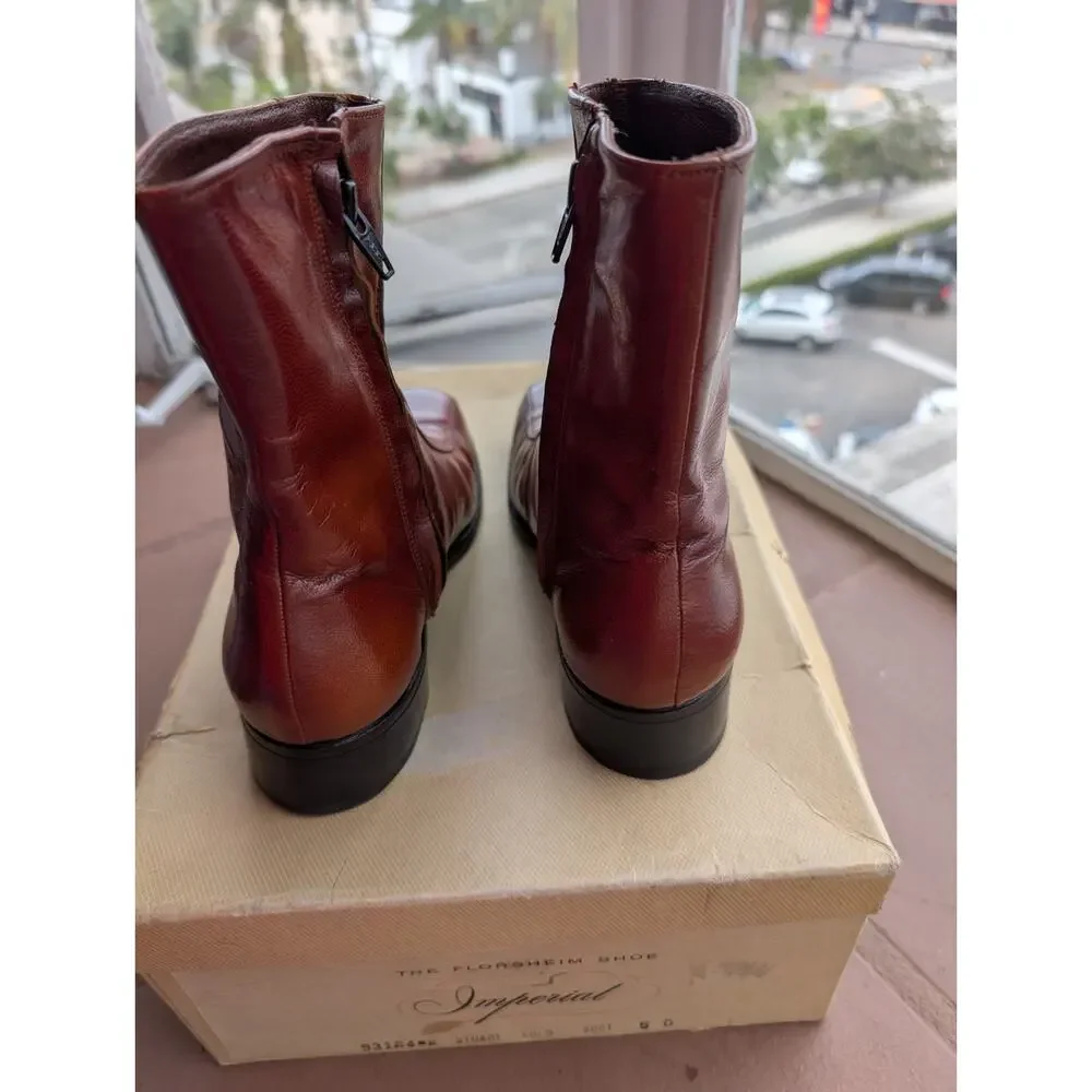 Vintage Florsheim Men's Leather Imperial Cognac Brown 5D Zip Ankle Boots w/box